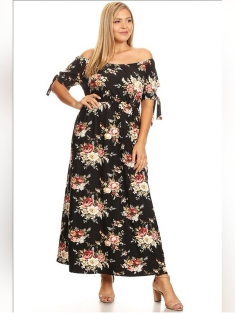 Floral Off Shoulder Maxi Dress Womens 3X Black Pink Rose Boho Plus Size